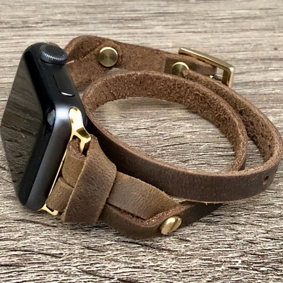 Double Wrap iWatch Vintage Brown Leather Gold Band - Picture 7 of 9